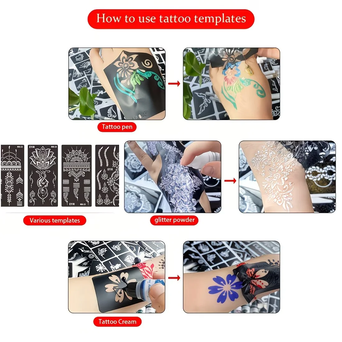 6styles Tattoo Stencil Set Reusable Indian Henna Pattern Tattoo Templates Kit for Creative Body Art Parties Special Occasions view 6
