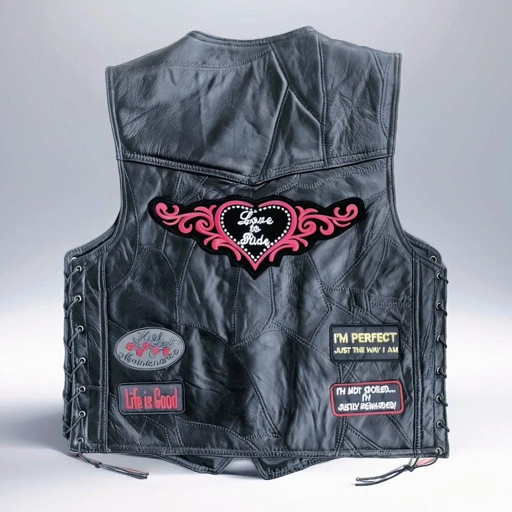 

2026 New Punk Men Real Leather Vests Sleeveless Jacket Riding Biker Waistcoat Men's Heart Embroidered Motorcycle Streetwear