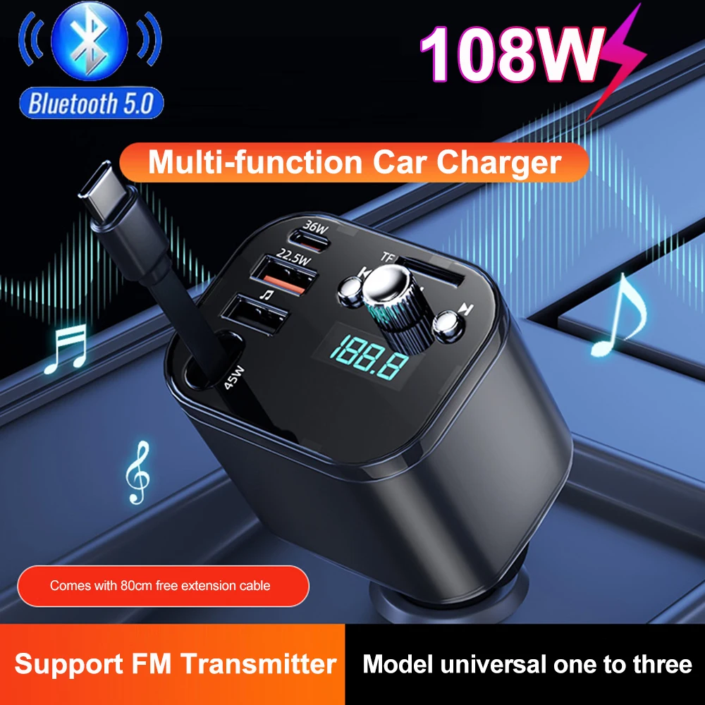 Автомобильное зарядное устройство 108 Вт 5 в 1, Bluetooth FM-передатчик с выдвижным кабелем, адаптер USB Type C для быстрой зарядки для мобильных iPhone