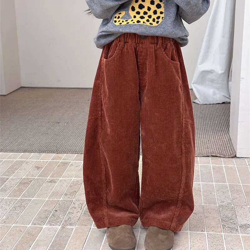 deer-jonmi-2026-新秋子供コーデュロイルーズワイドレッグパンツ無地韓国スタイルユニセックスキッズカジュアルストレートパンツ