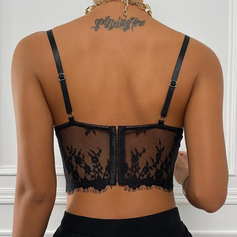 Sexy Backless Hollow Out Tank Corset Tops Flowers Lace Black Vest Mesh Crop Top Women Summer Clothes Y2k Streetwear Woman 2024