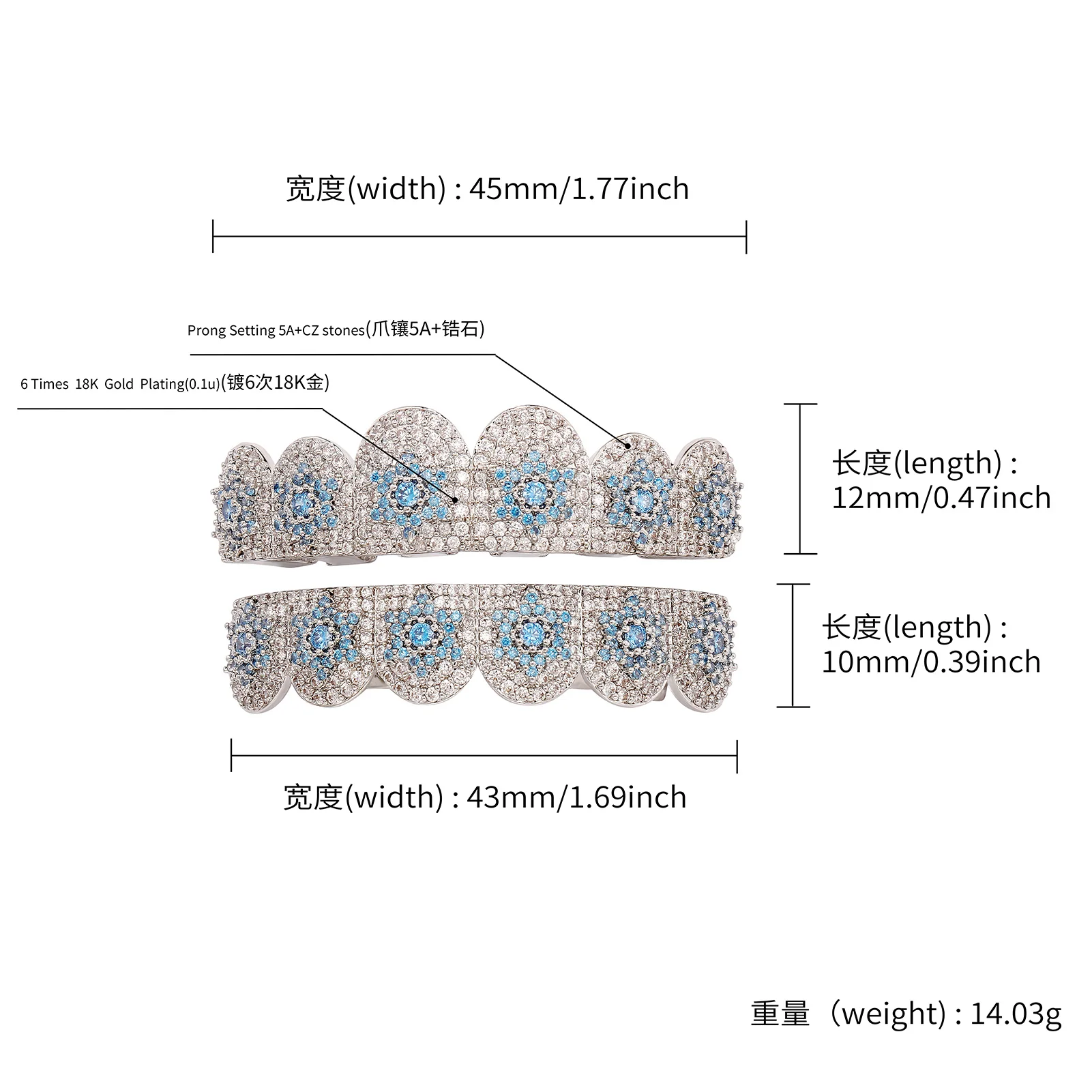 TOPGRILLZ رائجة البيع الهيب هوب مثلج خارج الأسنان Grillz 6 أعلى و 6 أسفل مجموعة الأزرق مكعب زركونيا ستار الأقواس لهدايا الهالوين