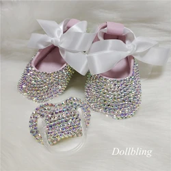 Zapatos de princesa con lazo para bebé y niña, calzado personalizado con cristales brillantes y diamantes de imitación, cinta para el pelo de 0 a 1 años