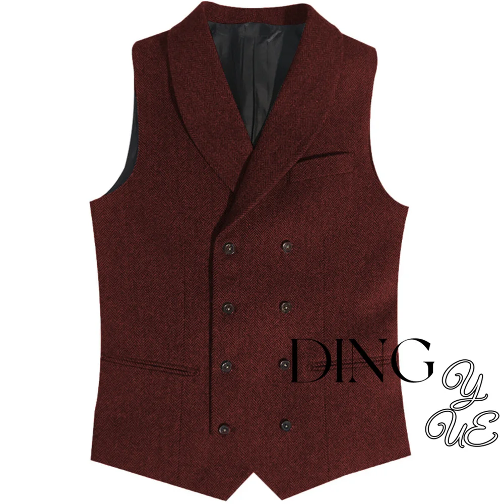 Men's Double Breasted Slim Vest Wedding Wool Herringbone Tweed Groomsman Vest Men's Suit Party Prom Vest