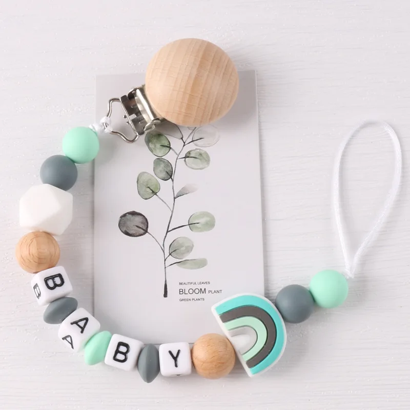 Personalized Name Pacifier Clip Handmade Beech Wooden Chain silicone Pacifier chain Baby Teething newborn Chew Gift Customizable