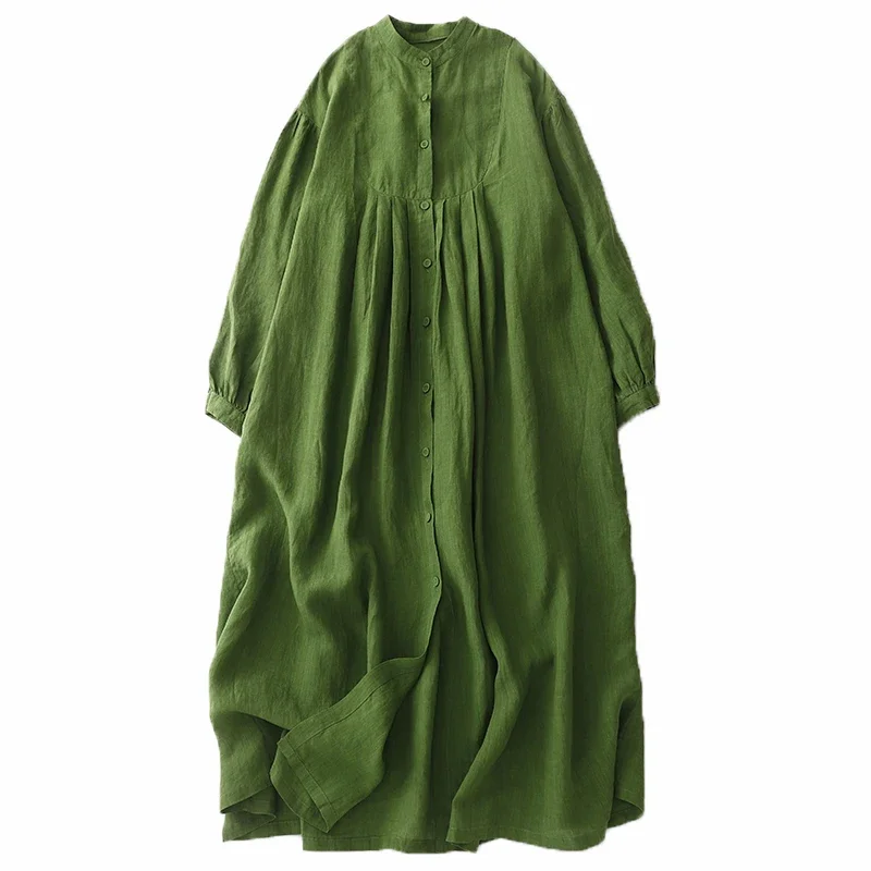 

Women Early Autumn New Artistic Loose Robe Skirt Color Micro Plump Linen Cotton A-Line Dress Loose Long Sve Dress