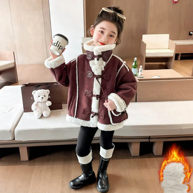 Winter Children Girls Suede Jackets Cotton Spliced Toddler Kids Girls Fleece Outerwear Coat Thicken Warm Infant Babys Girl Parka