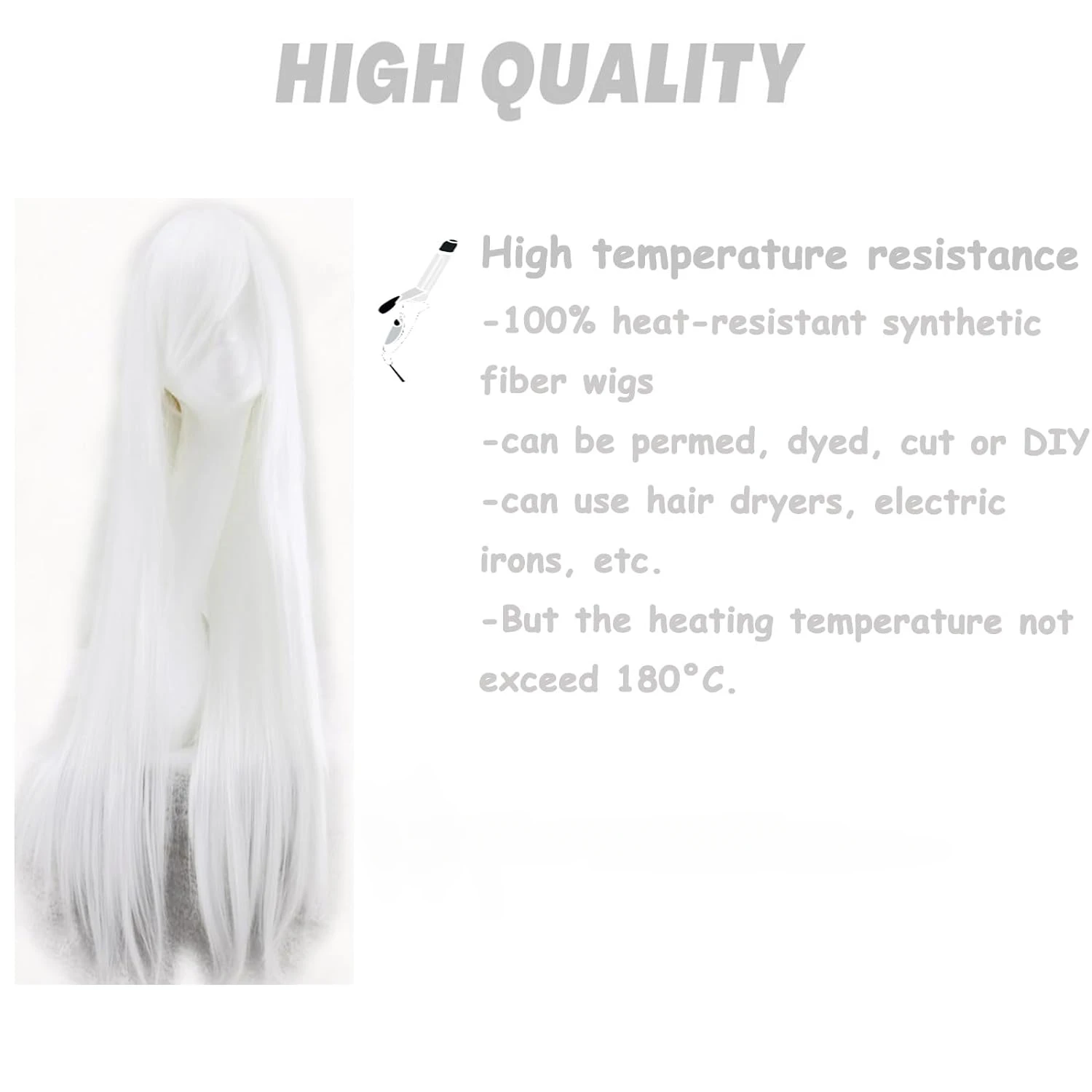 Long White Wig with Bangs Straight Cosplay Wig for Women Girl Anime Wig Synthetic Party Wig Straight White