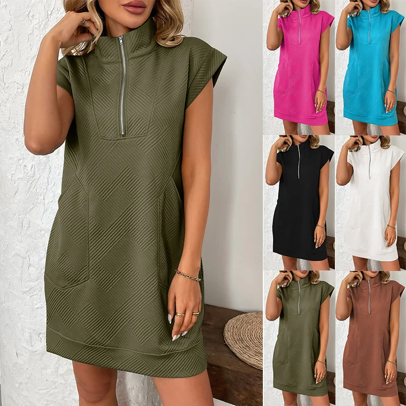 

Loose Straight Dress Solid Color Stitching 2026 Summer New Loose Casual Fashion Lapel Raglan Sleeves Zipper Pocket Mini Dress
