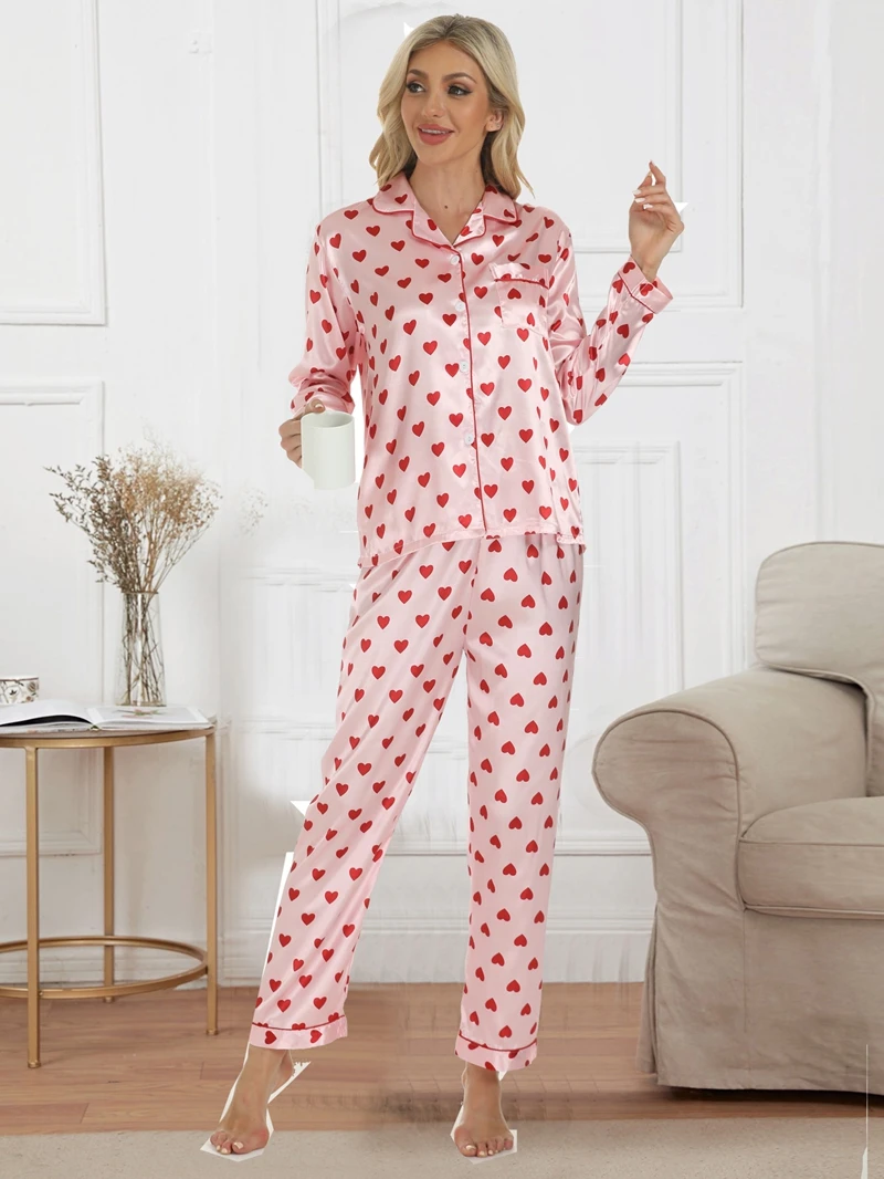 

Heart Print Satin Pajama Set Long Sleeve Lapel Buttons Top With Pockets And Long Pants Smooth Sotf Touch Fit Women's Nightwear