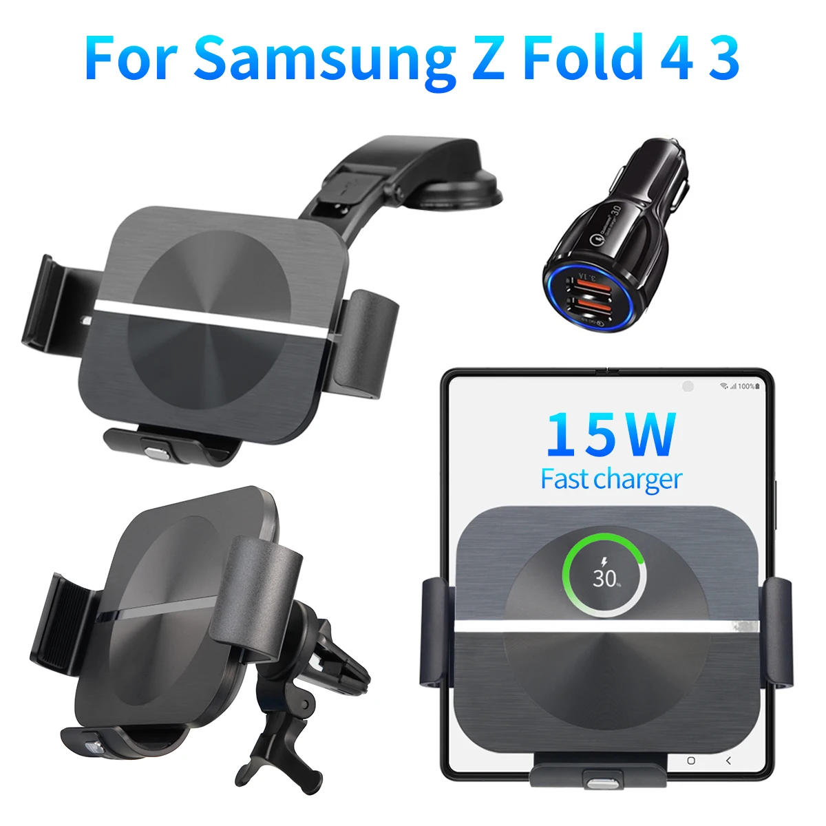 New Wireless 15W Car Charger Mount,QI Dual Coils Fast Charging Auto Clamping for Air Vent&Dashboard,For Galaxy Z Fold 5 Series