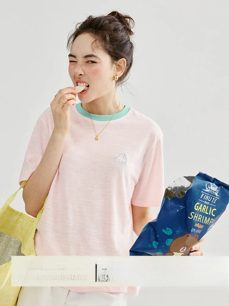 

AMUU Original Color Block round Neck Short Sleeve Women's T-Shirt Summer New Style Youthful Stripe Embroidery Cotton Blend