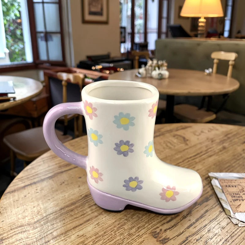 Creative Ceramic Flower Boots Mug Personalized Bar Decor High-Heeleds Shoe Shapes Drinkware Beer Glass Coffee Cup Tiki Mug