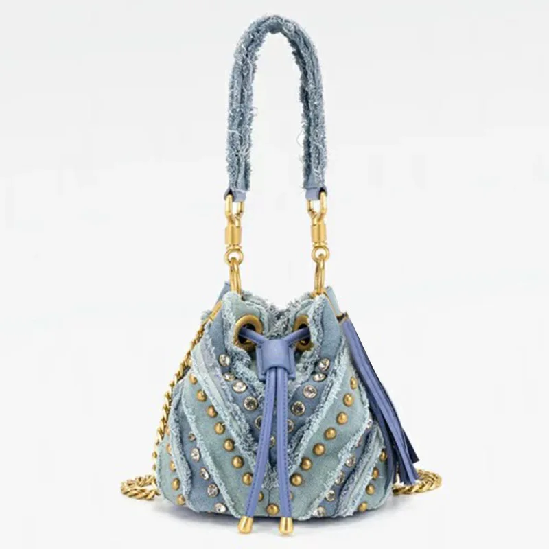 

Denim Drawstring Bucket Bag Diamond Simple Phone Bag 2025 Summer New Fashion Personalized Women's Crossbody Shoulder Bag