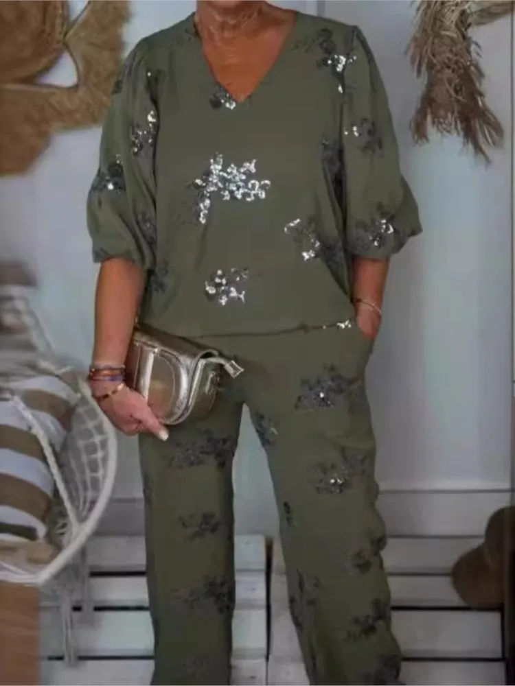 Spring Autumn Print Casual 3/4 Sleeve T-shirt Women\'s Clothing Fashion Pocket Elastic Waist Trousers Office Female 2 Piece Set