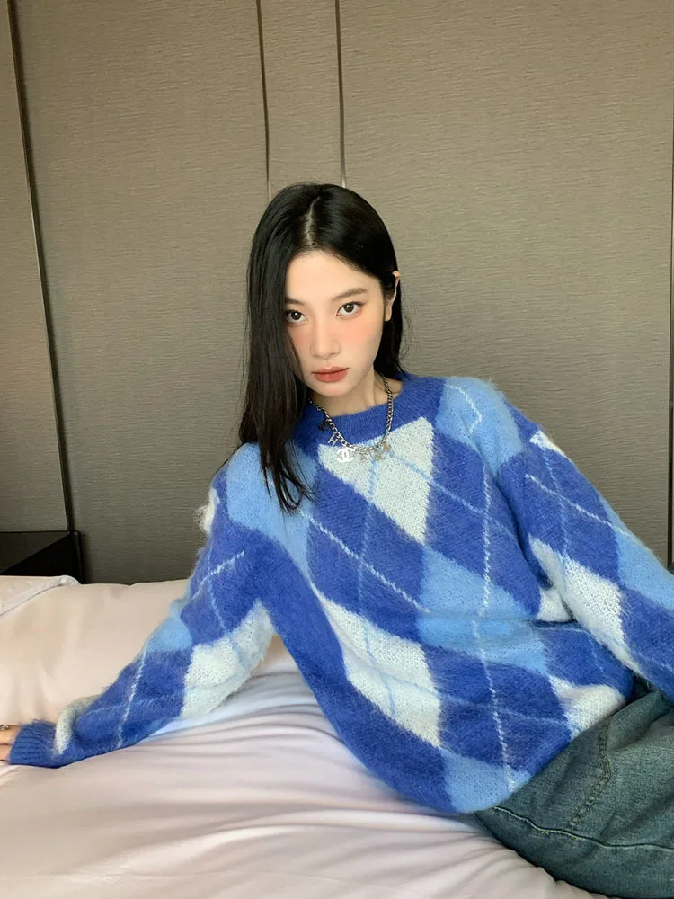 Korean Fashion Plaid Pullover Oversize Retro Vintage Kleidung Herbst Winter Schachbrett Stricken Jumper Blau Pullover