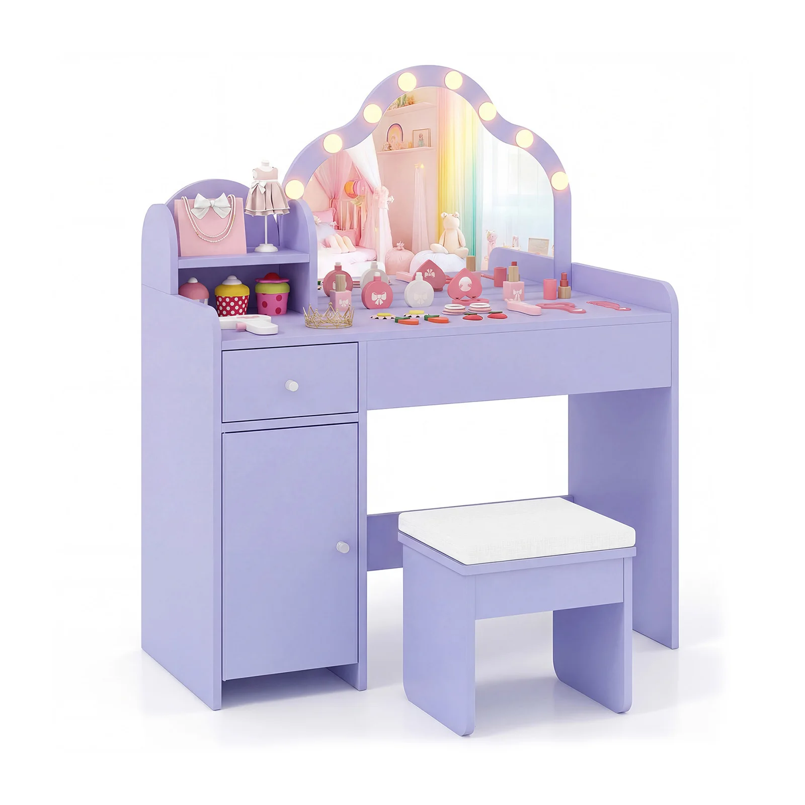 Set de tocador infantil, escritorio de maquillaje de princesa para juegos de simulación con espejo lindo en forma de nube