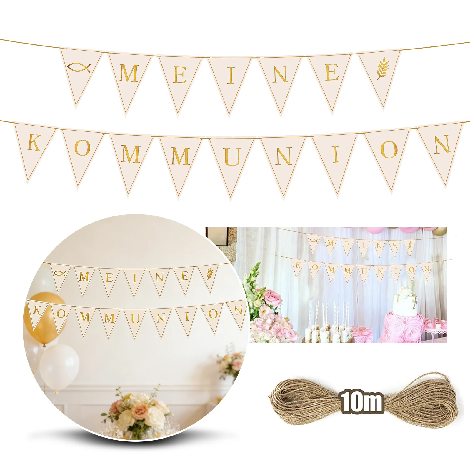 Mi primera bandera de comunión, decoración de comunión, guirnalda de banderines triangulares de colores con símbolos de peces y ramas de olivo, 10 metros.