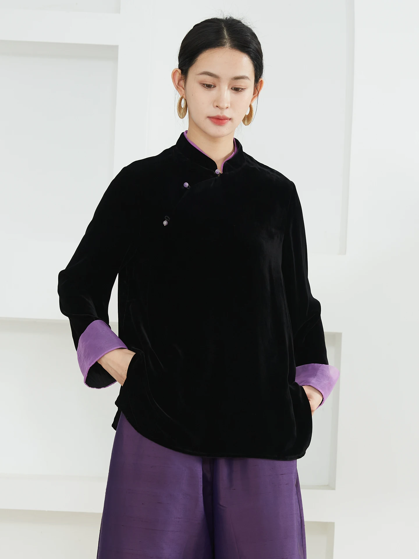 Silviye Silk Velvet Stand Collar Women's Shirt European Organza Patchwork Sleeve Cuff Classic Chinese Style Long Sleeve Loose...