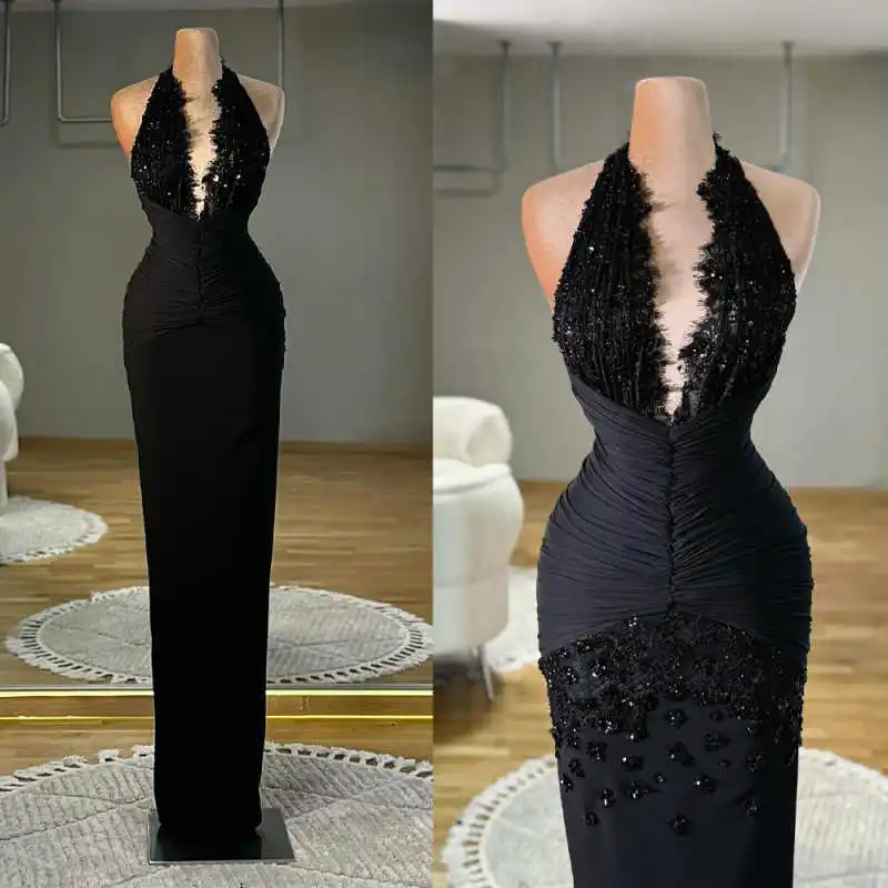 

Glamorous Halter Neck Evening Dresses Deep V-Neck Sleeveless Prom Gowns Sequins Lace Dresses For Women Custom Made