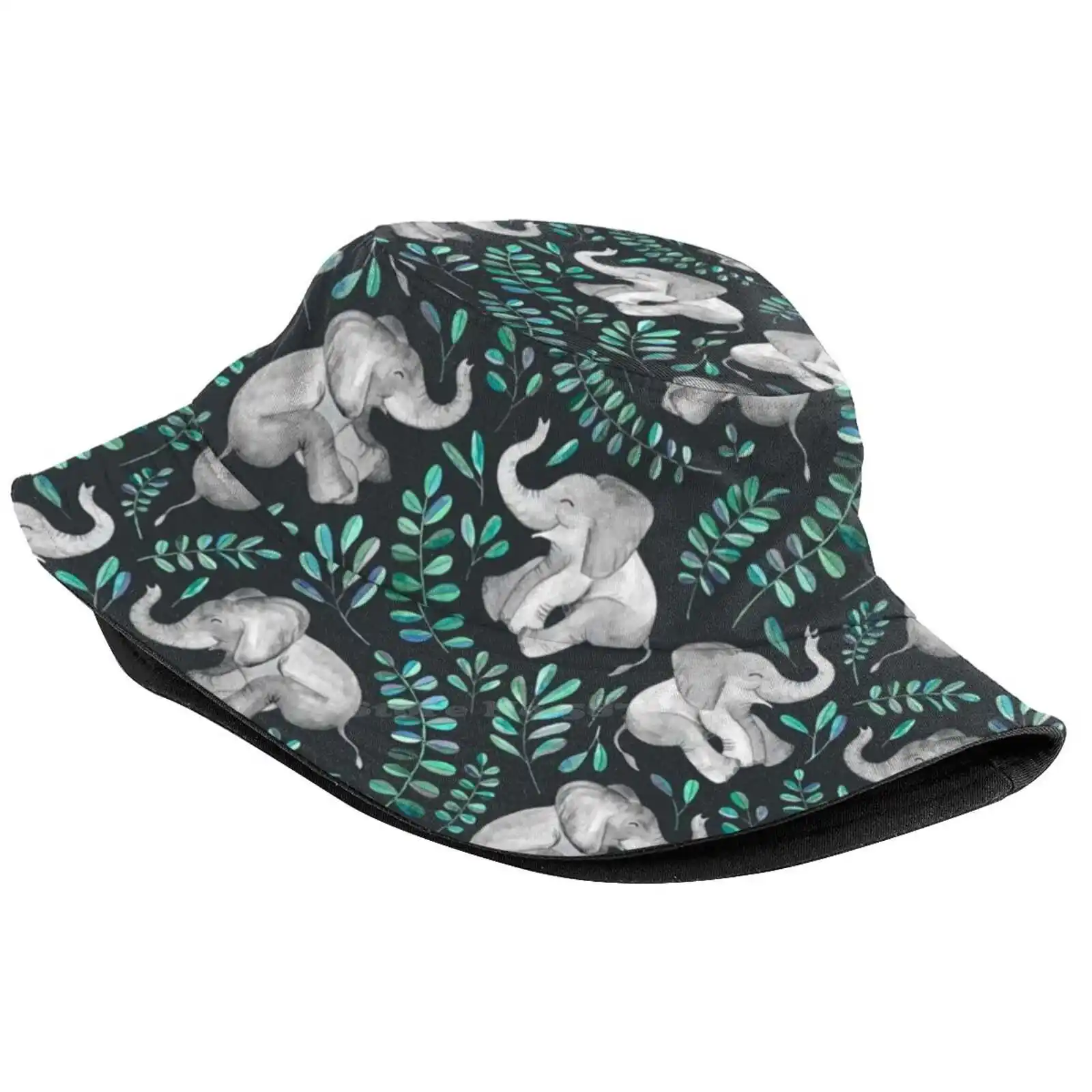 Laughing Baby Elephants – Emerald And Turquoise Women Men Fisherman Hats Bucket Caps Leaves Nature Cute Laughing Happy