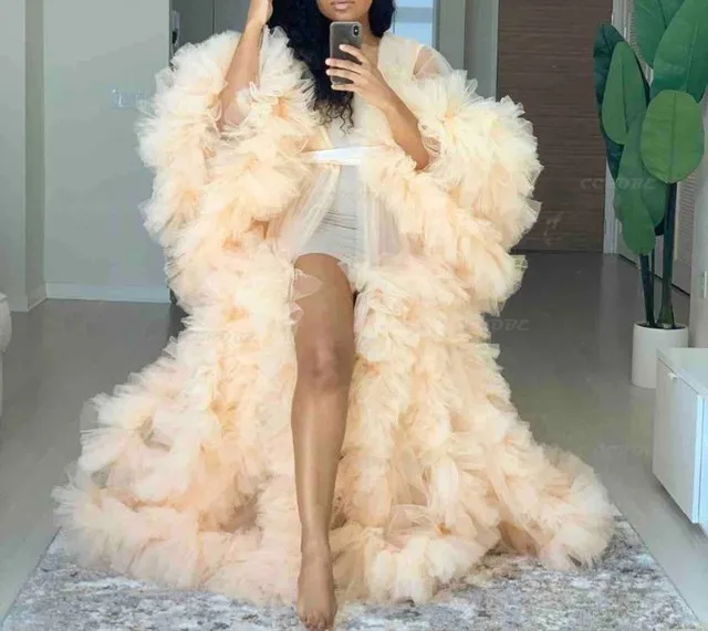 

Sweet Girl Vintage Tulle Robe Perspective Sheer Tulle See Through Long Pink Dressing Gowns Fluffy Maternity Dress Photoshoot