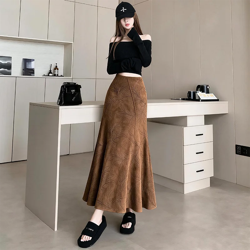 Retro Brown Suede Rope Embroidery Design Half Skirt Women's Autumn New Style Beauty High Waist Slim Fish Tail Skirt