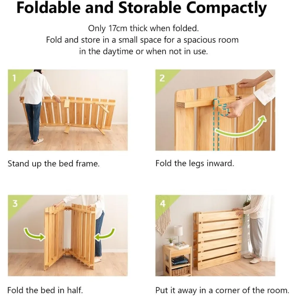 إطار سرير أرضي شرائحي من الخشب قابل للطي OSMOS صنوبر صلب مزدوج (طبيعي للأرض)، سهل التجميع وموفر للمساحة وأرضية قابلة للتخزين من تاتامي