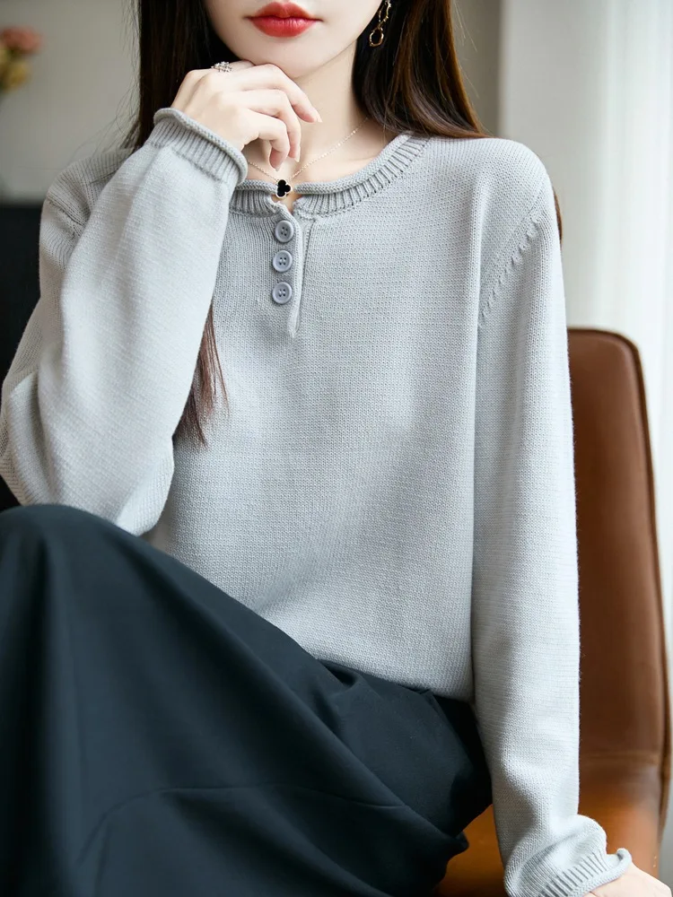 Basic-Hemd mit Bündchen und Rand, eleganter Pendler-Stil, Herbst-Winter, neuer lockerer Langarm-Strickpullover mit Rundhalsausschnitt, reines Baumwollgarn