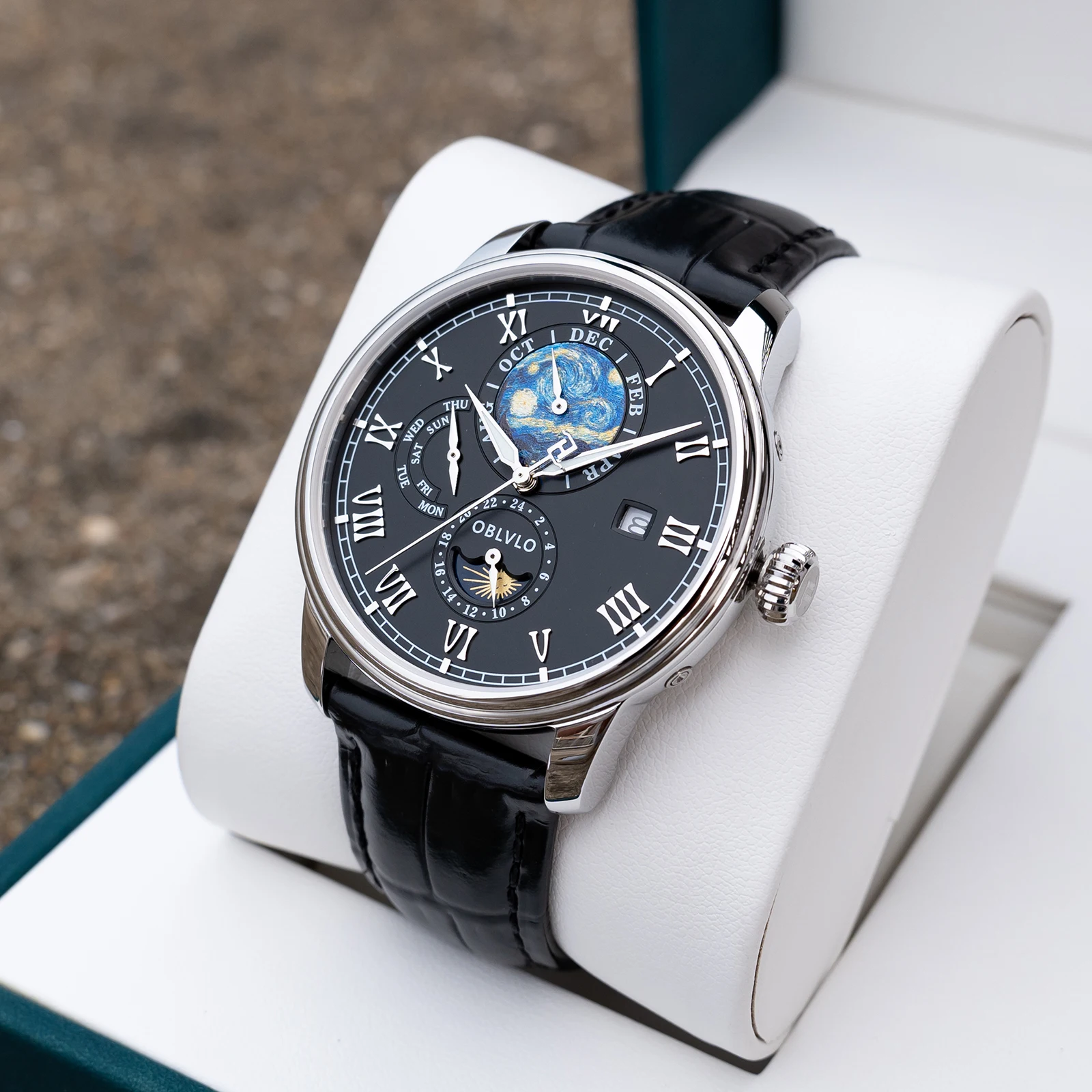 OBLVLO ساعة أوتوماتيكية للرجال 42 ملم ساعة يد ميكانيكية عتيقة 5ATM مضيئة متعددة الطلب شهر، أسبوع، تاريخ، 24 ساعة TY1653