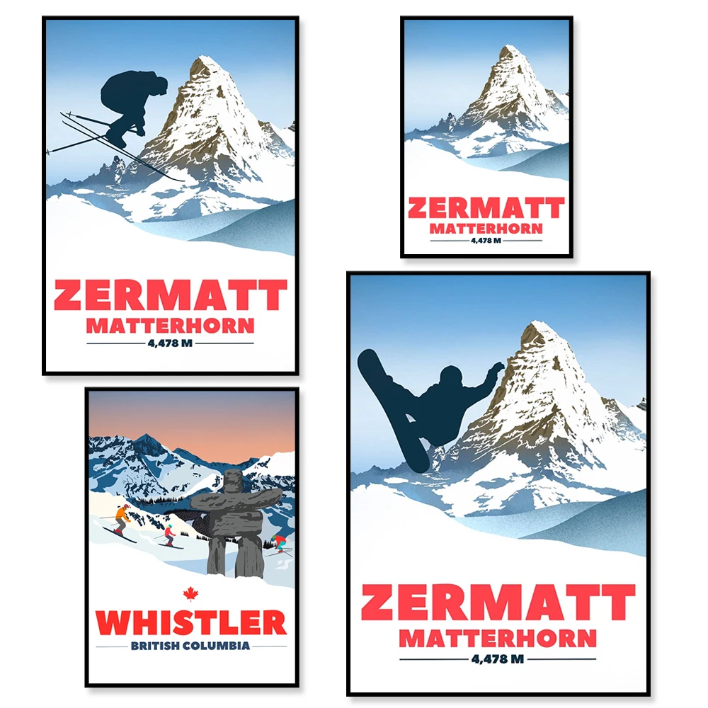 

Zermatt Ski Matterhorn, Whistler Ski, BC Mountain Poster, Snowboard Wall Art. The perfect gift for outdoor climbers