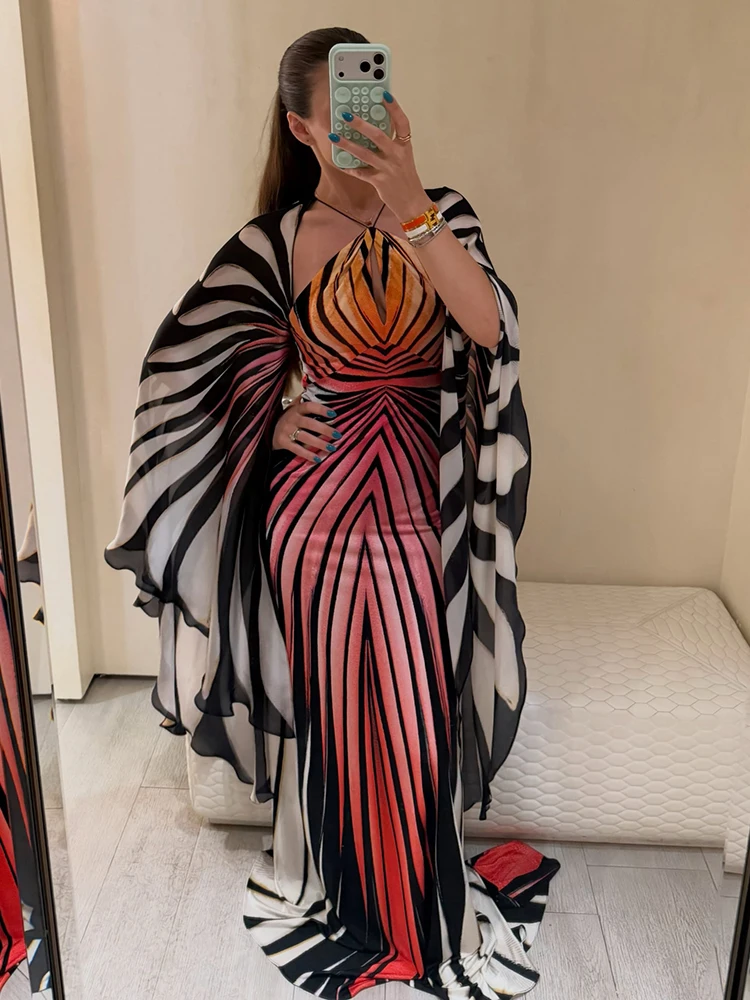 Weird Puss Buntes gestreiftes langes Kleid für Damen, mit Schnürung, Neckholder, rückenfrei, Fledermausärmel, Mitternachts-Abendkleid, Partykleid, gerafft, elegantes Vestido – Detail 12