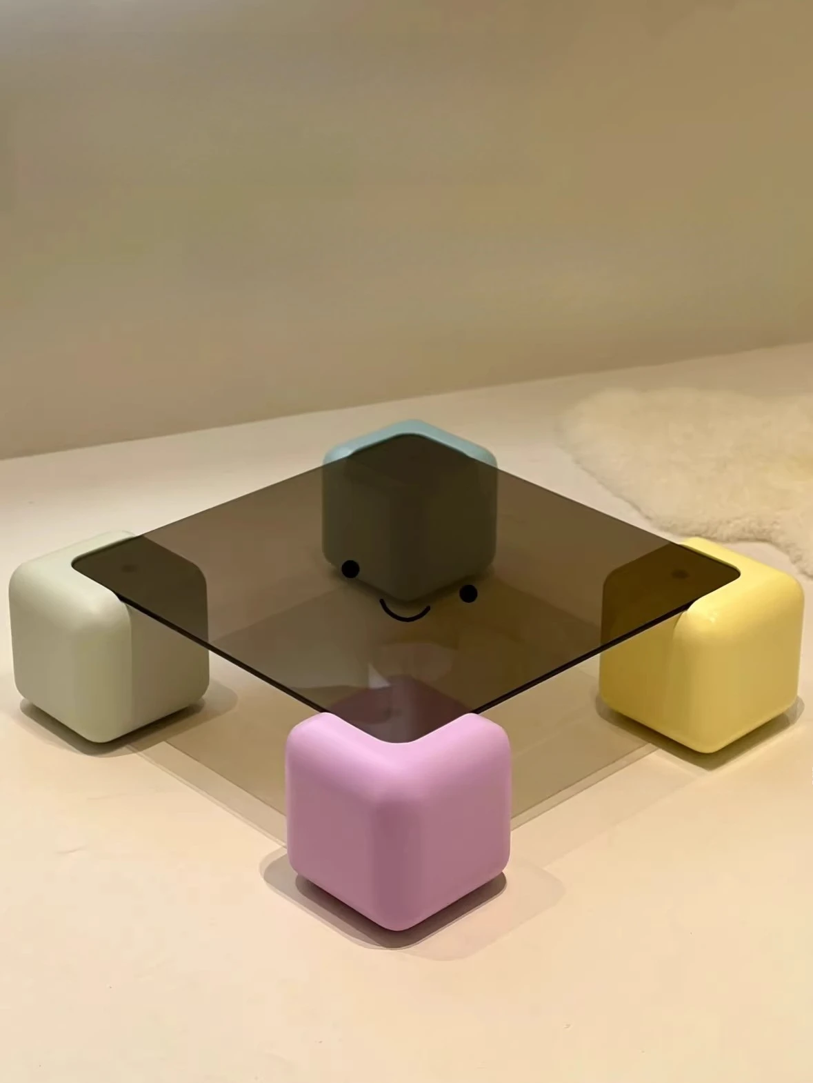

Sugar cube tea table dopamine coffee table light luxury modern simple wabi sand wind glass tea table designer living room