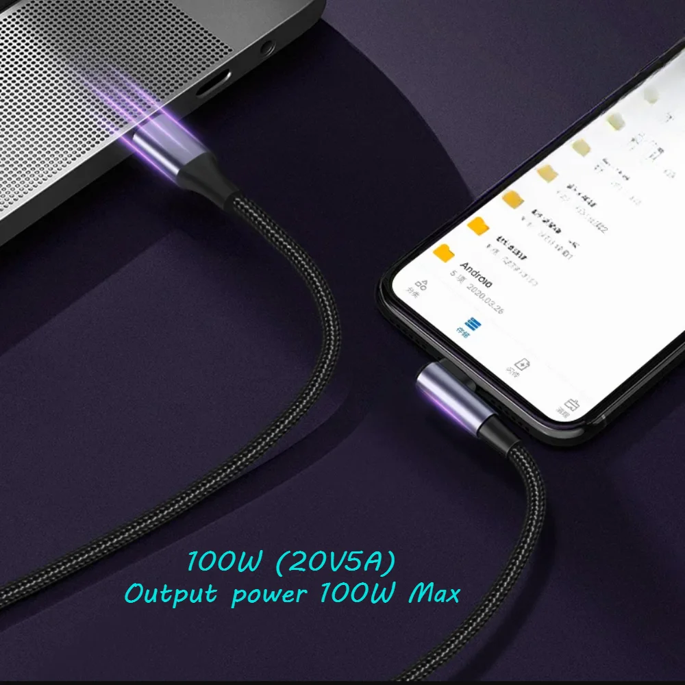 USB C to Type C Elbow 90 Degrees 100W Fast Charging Cable For Huawei Samsung Xiaomi QC 3.0 Quick Charge Data  cable 0.25/1/2/3m