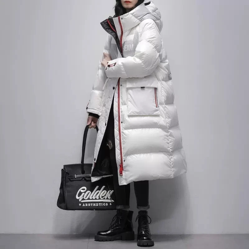 90% White Duck Down Collar Down Jacket Women Winter Warm Down Jacket Coat Female Glossy Loose Hooded Down Jacket Parka