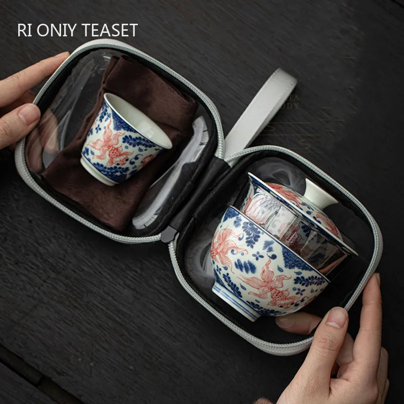 

Chinese Travel Portable Ceramic Tea Set Handmade Fish Pattern Gaiwan Teacup Glass Fair Cup Household Teaware with Storage Bag