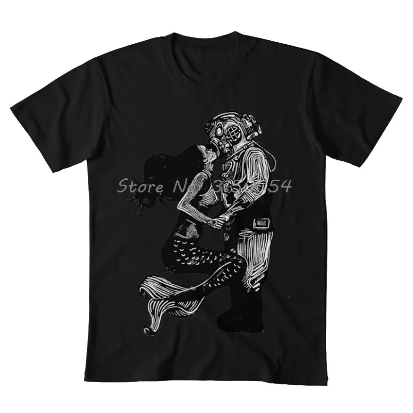 My Underwater Love T Shirt Linocut Mermaid Diver Kiss Linoprint Linogravure Love Valentines Beach T-shirt Men Cotton Tshirt Tees