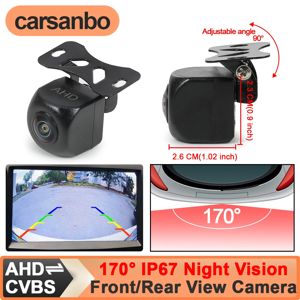 Carsanbo Universal Car Rear View Backup Camera with Ruler Line Night Vision 170° Fisheye Waterproof CCD AHD 1080P Front Camera