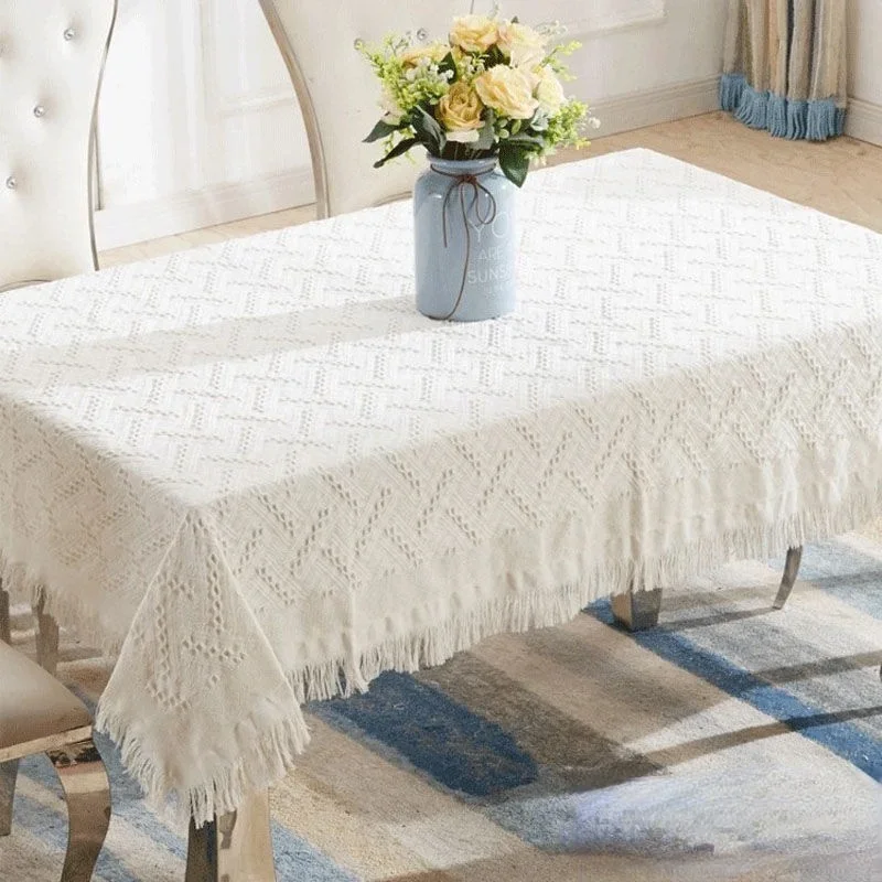 

Tablecloth Rectangular 130cm White Soft Comfortable Jacquard with Tassel Table Cover Coffee Dining Table Cloth Home Decoration