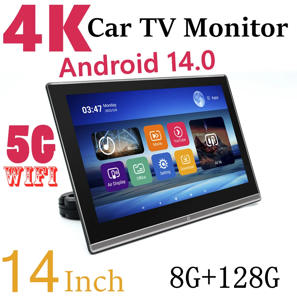 14 Inch 4K Android 14.0 Car Video Player 8+128G Multifunctional Headrest Monitor 5G WiFi Car TV Bluetooth/HDMI/FM/Mirroring Link