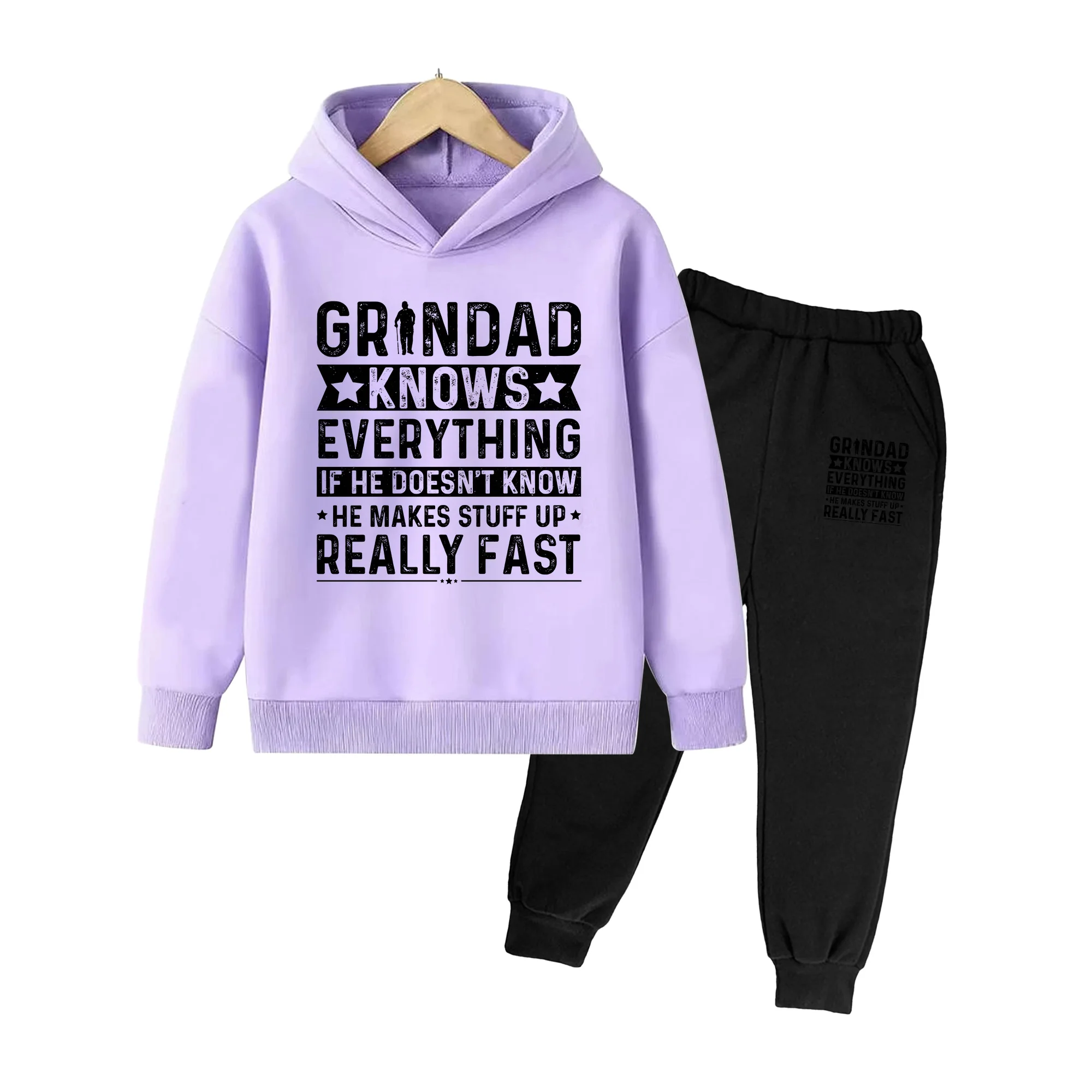Kids Hoodie & Pants Set, Grandpa Knows Everything Print Casual Outfit for Boys Girls Daily Wear
