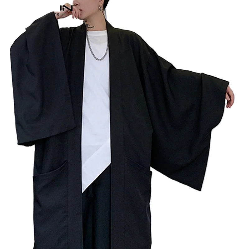 

2025 Men Trench Cardigan Open Stitch Loose Long Sleeve Streetwear Punk Solid Color Fashion Long Coats Mens Cloak Capes