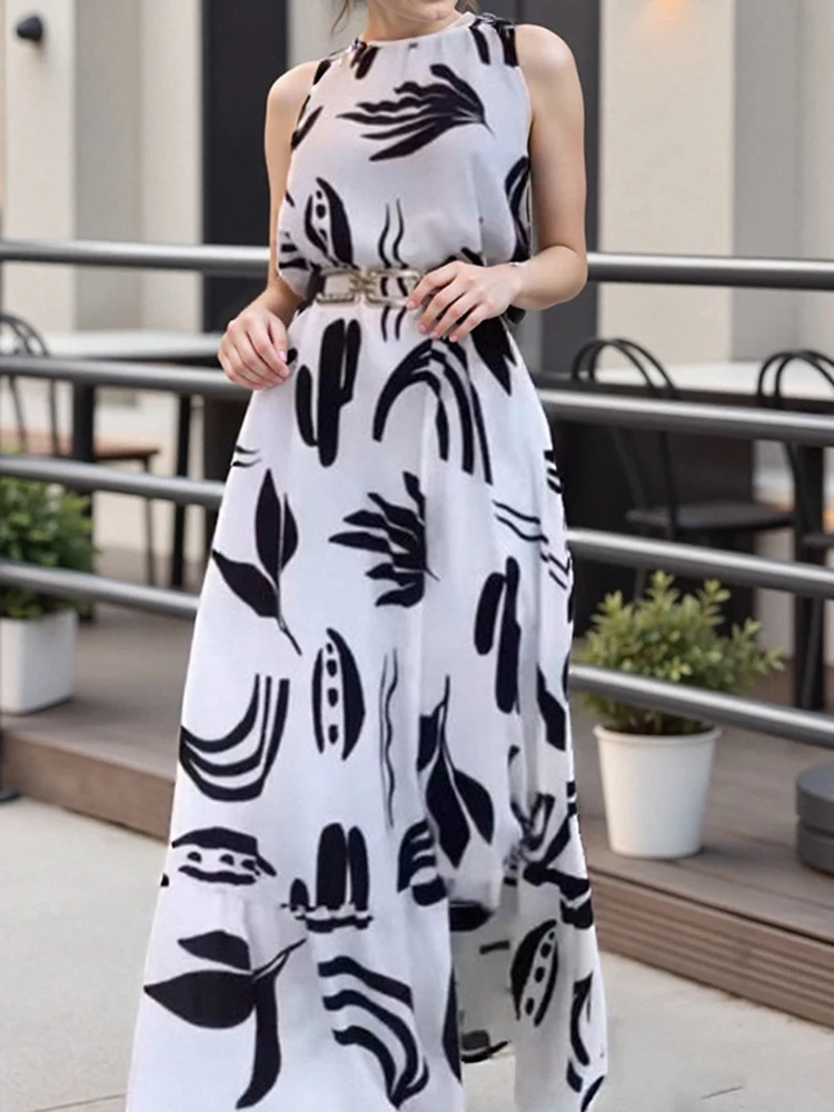 

Модное платье с контрастным цветным принтом, летнее, с круглым вырезом, без рукавов, плиссированное, элегантное, с высокой талией, макси-платье для женщин.