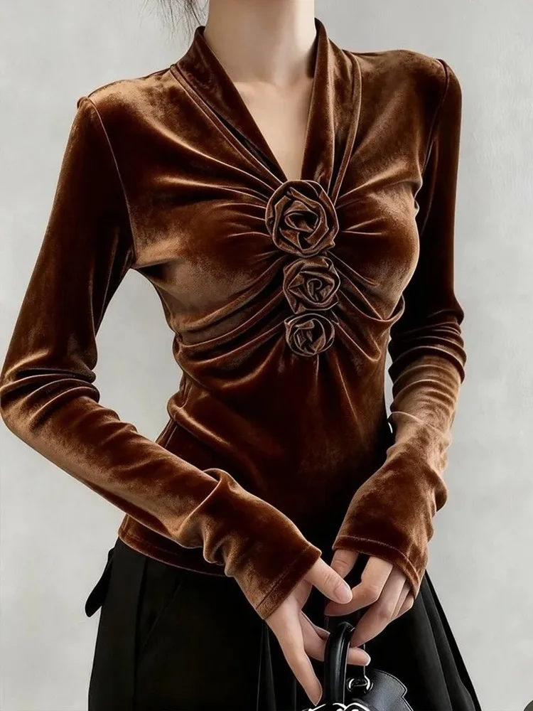 Zoki V Neck Slim Velvet Shirt Women Elegant Vintage Long Sleeve 3D Floral Blouse Korean Fall Casual Retro Soft All Match Tops