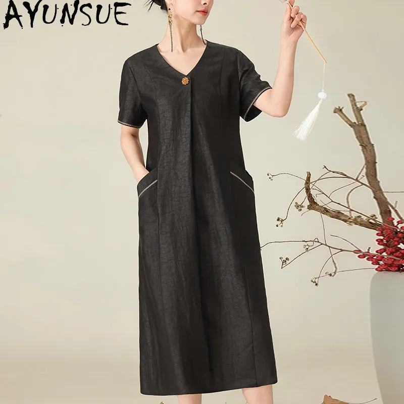 AYUNSUE 100% Real Mulberry Silk Dress Women Elegant Womens Dresses High-waist Summer Clothes Loose Fit Gambiered Guangdong Gauze
