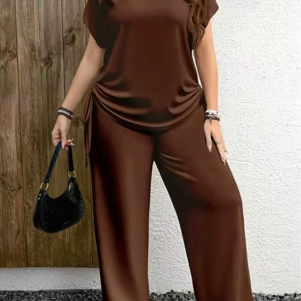 Women 2Pcs Loungewear Set Short Sleeve Top Long Pants Soft Casual Pajamas Wearable Outside Spring Summer Homewear