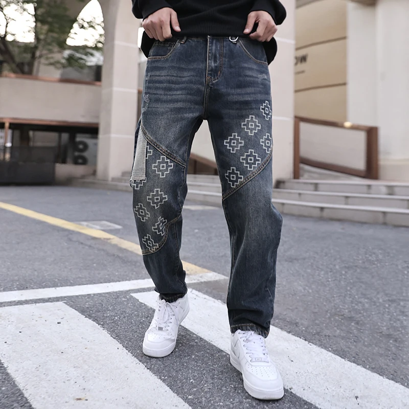 Fashionable and Unique Male Jeans with Printed Patchwork, Taper Cut, Ideal for Autumn/Winter Style Outfits