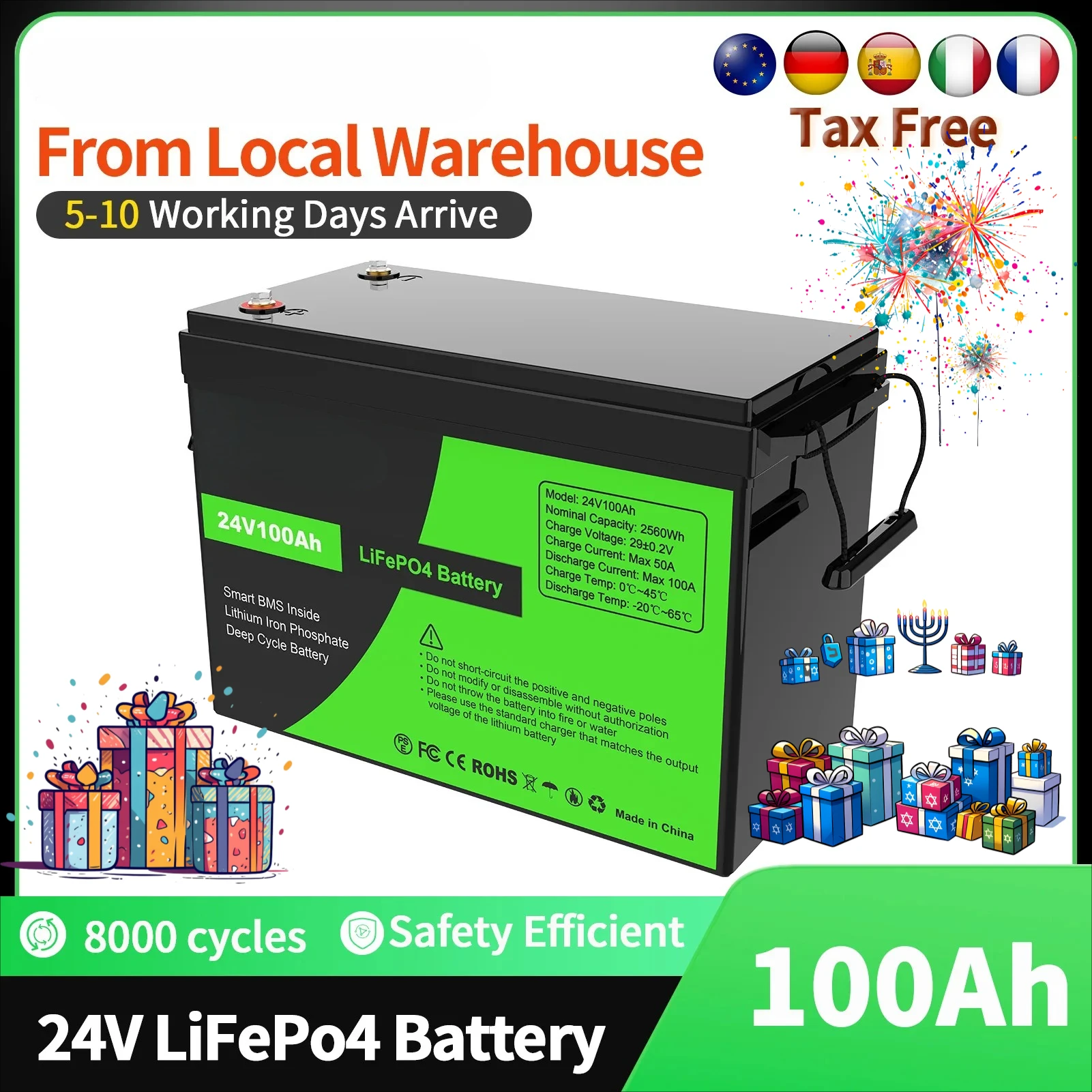 Batterie au lithium LiFePO4 24V 100Ah 2560Wh avec BMS 100A, idéale pour camping-car, voiturette de golf, système d'énergie solaire, moteur de pêche à la traîne