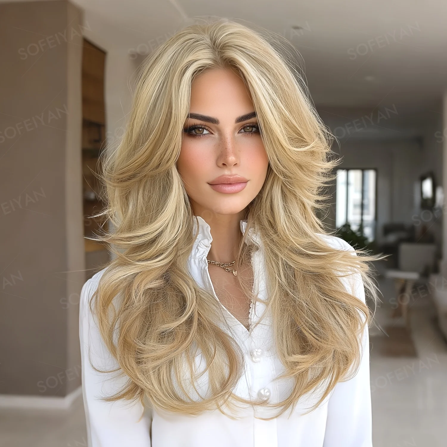 Women's long, layered wig with light gold highlights and soft waves—perfect for daily wear, cosplay, and parties.