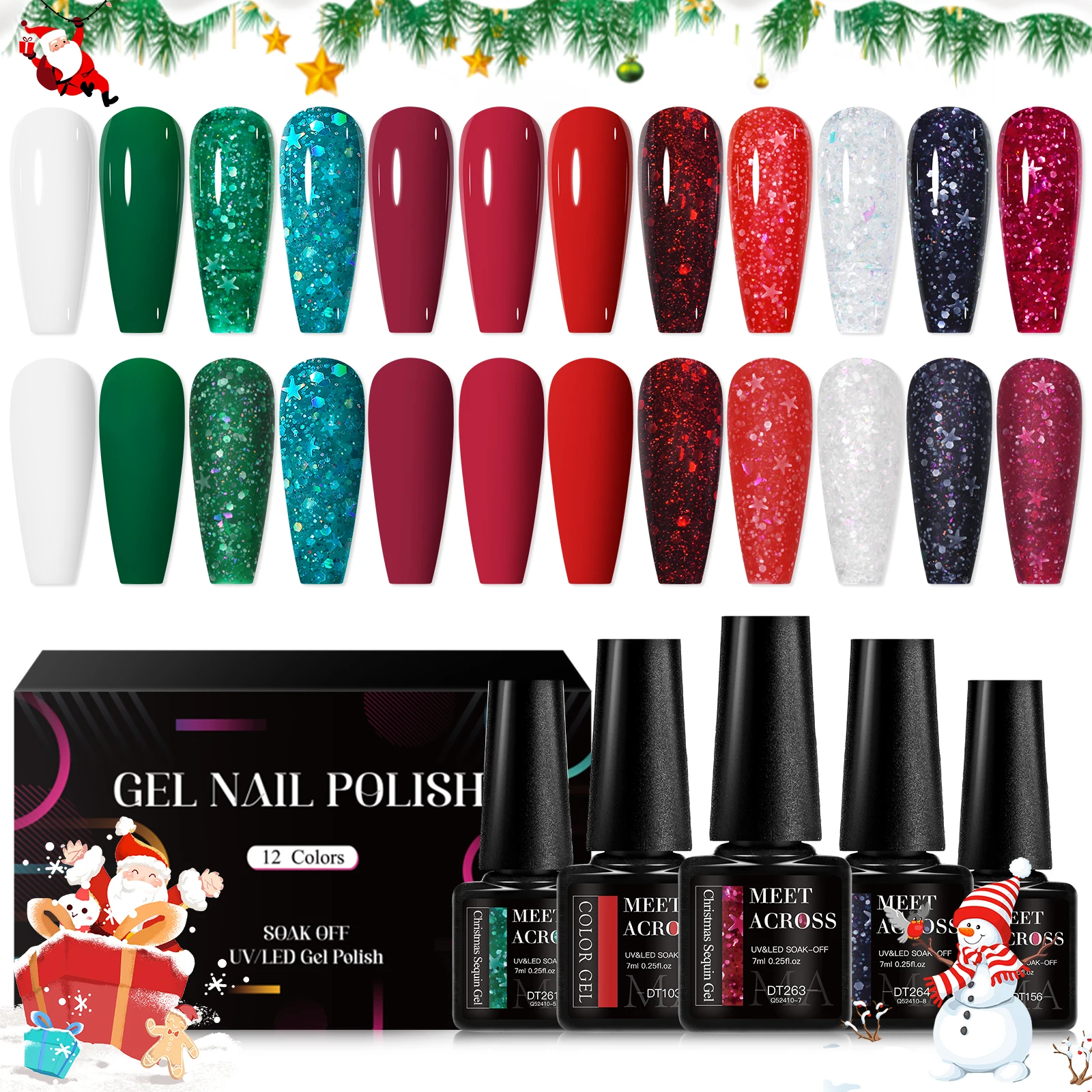 MEET ACROSS12Pcs/Set Glitter Snowflakes Gel Nail Polish Christmas Semi Permanent UV Gel LED Nail Art Varnish Manicure Kit